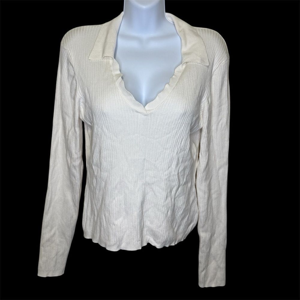 Laundry By Shelli Segal Ribbed Deep V Neck Collared Long Sleeve Sweater Cream L